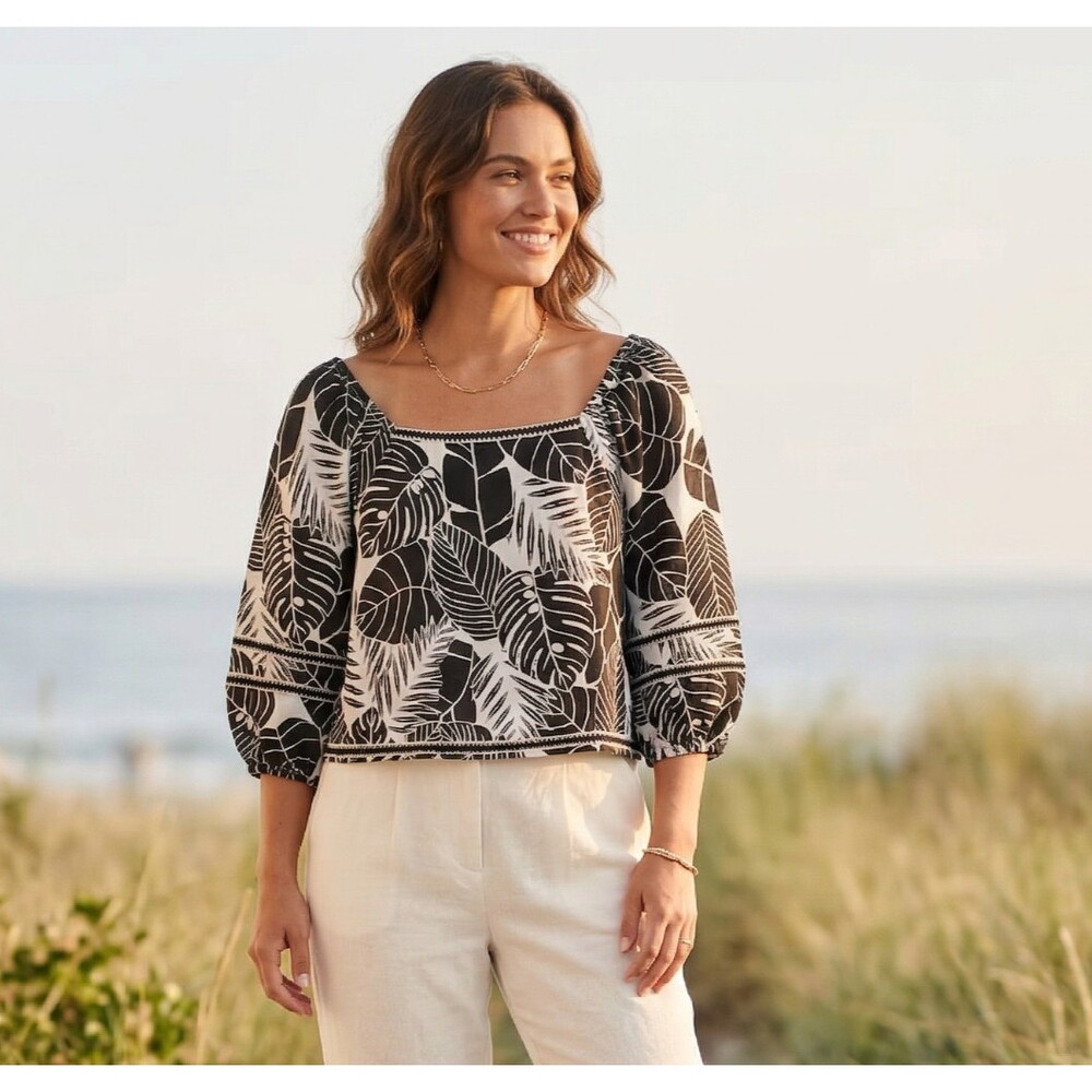 Cynthia Rowley Linen Top XL Black Monstera Leaf Square Neck Boxy 3/4 Sleeve